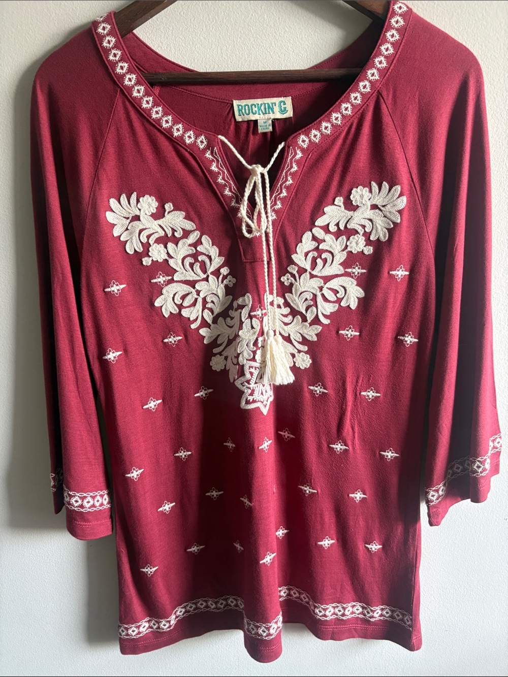 Rockin’ C Burgundy Embroidered Boho Western Tassel Tie Top Medium